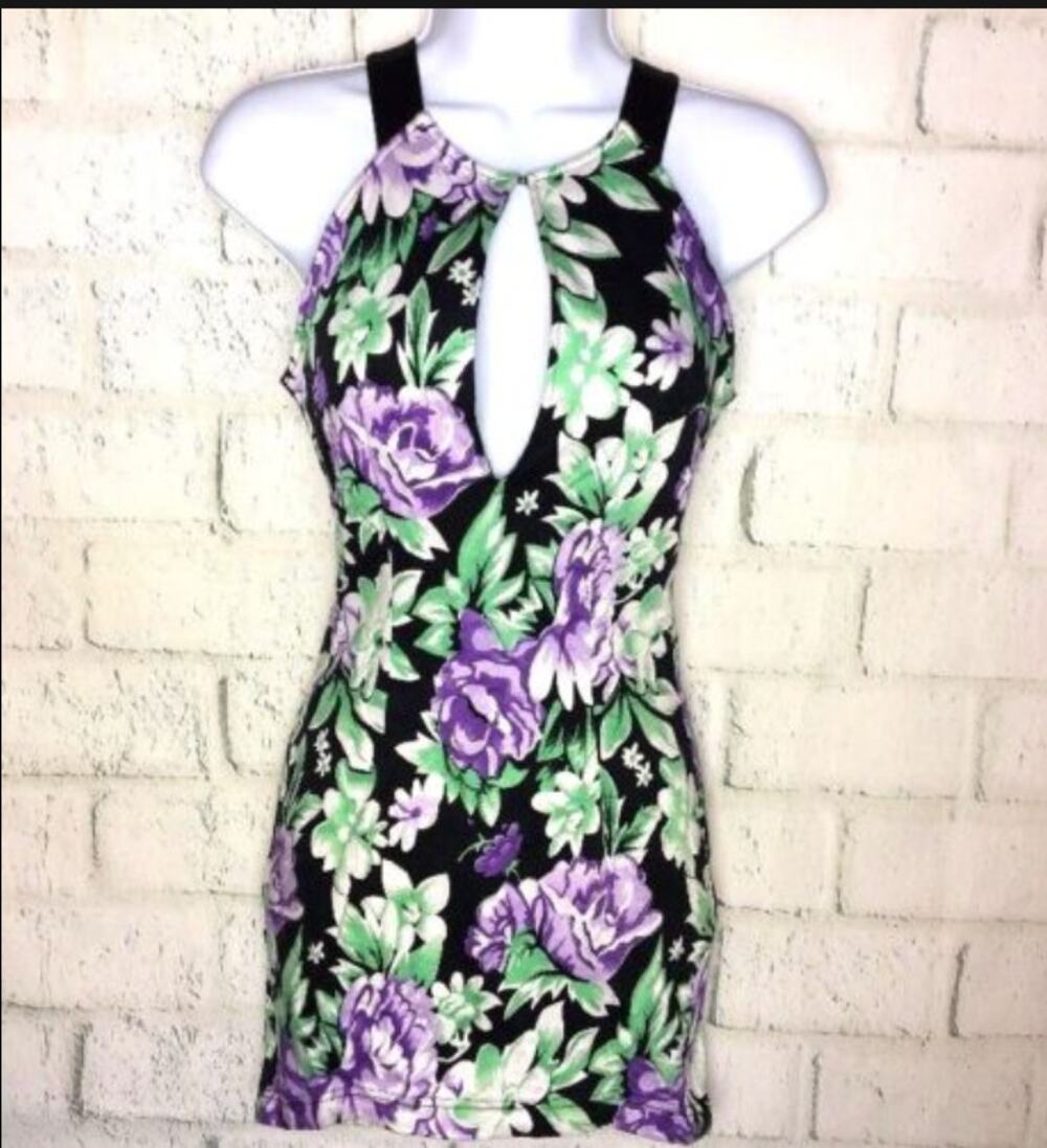 Maurie & Eve Floral Sheath Dress Purple Black Keyhole High Hi Low Bodycon S